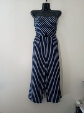 Charlotte Russe Navy and White Strapless Striped Jumpsuit